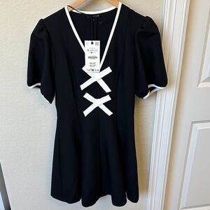 Women’s Black Puff Sleeve Top with White Trim